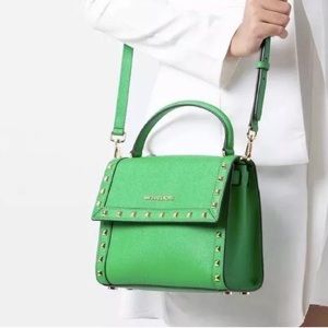 Michael Kors Green Studded Crossbody Satchel & matching wallet EUC